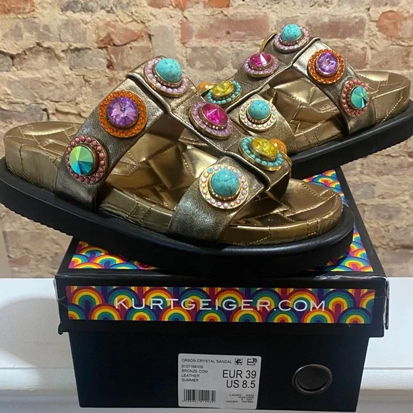 Kurt Geiger Gold Sandals with Colorful Gemstones - Picture 2 of 4